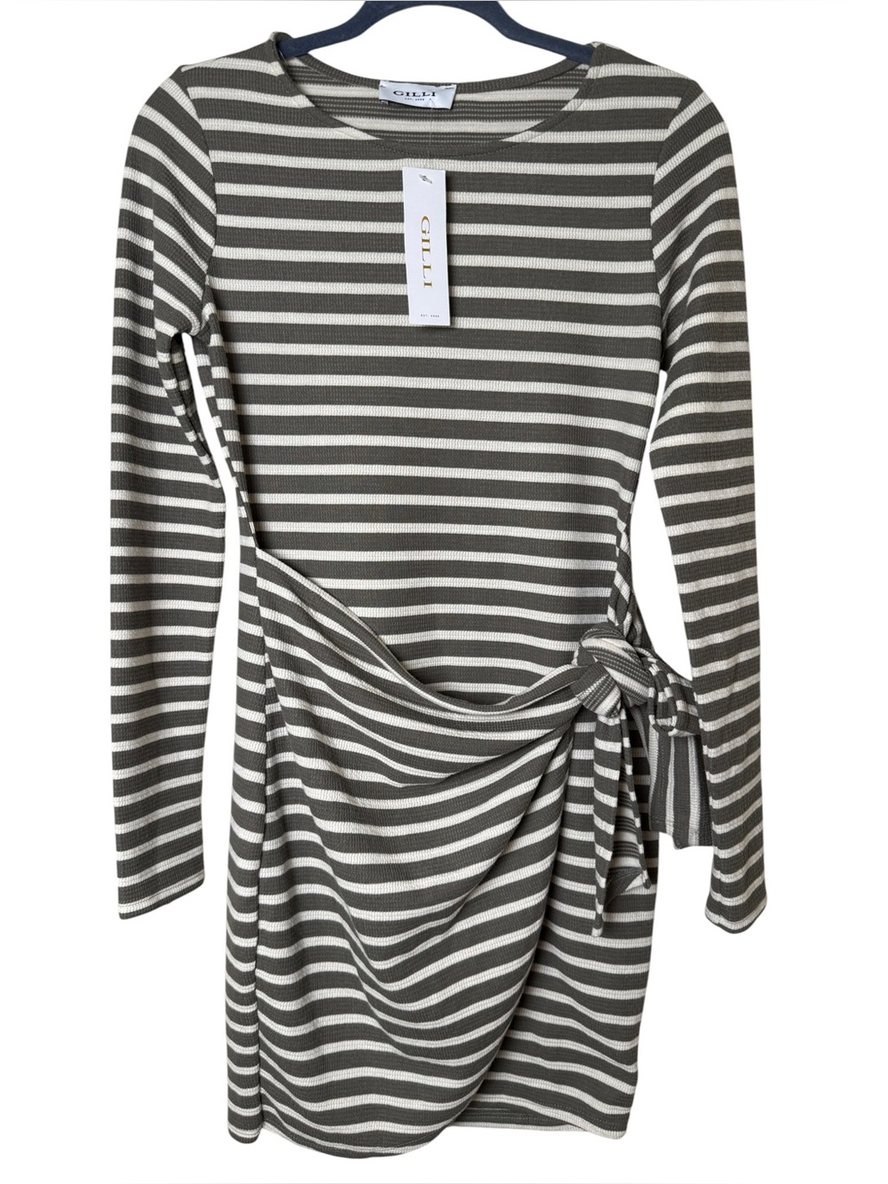 NWT Gilli Olive Green & White Stripe Tie-Waist Long Sleeve Dress